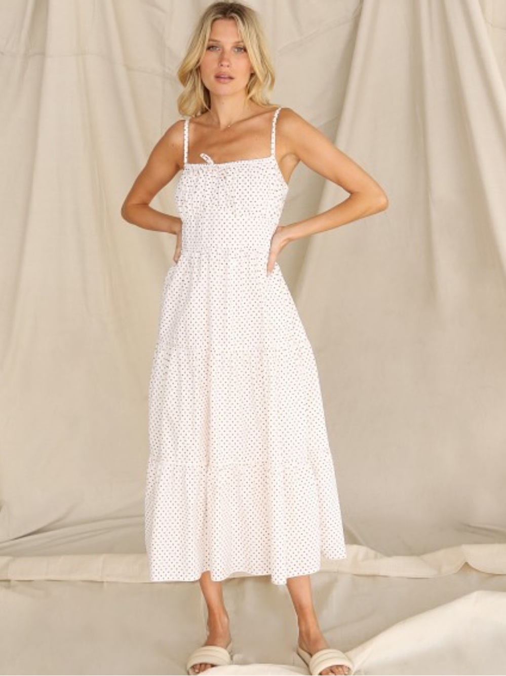 Faithfull the Brand White Midi Dress with Black Dot Print